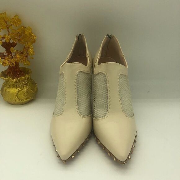 Beige Women's Rivets Mid Heel Pointed Toe Ankle Boots Shoes - Picture 1 of 8